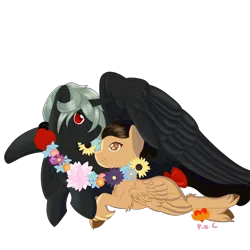 Size: 1024x1024 | Tagged: artist:demonwolfspirit, derpibooru import, eye, eyes, flower, gem, lying down, oc, oc:daphnes, oc:laurel, oc x oc, red bow, relaxed, safe, shipping, simple background, source needed, transparent background, unofficial characters only, wings