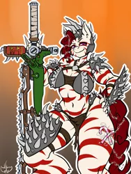 Size: 600x800 | Tagged: amazonian, anthro, anthro oc, armor, artist:mantamasters-art, barbed wire, belly button, breasts, commission, derpibooru import, fallout equestria, fallout equestria: project horizons, fanfic art, female, gradient background, great ripper (weapon), oc, oc:rampage, outline, ripper (weapon), safe, solo, unconvincing armor, weapon, ych result, zebra