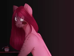 Size: 1600x1200 | Tagged: grimdark, artist:purplegrim40, derpibooru import, pinkie pie, earth pony, pony, fanfic:cupcakes, blood, bust, cupcake, eye clipping through hair, feather, female, food, gradient background, image, looking at you, mare, pinkamena diane pie, png, solo, tongue out