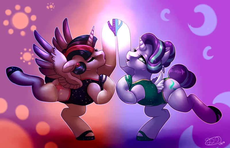 Size: 1024x658 | Tagged: safe, artist:mimkage, derpibooru import, starlight glimmer, twilight sparkle, twilight sparkle (alicorn), alicorn, pony, unicorn, ballerina, ballet, clothes, female, glimmerina, leotard, mare, socks, tutu, twilarina