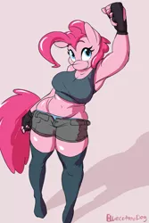 Size: 2000x3000 | Tagged: anthro, armpits, artist:bluecoffeedog, breasts, busty pinkie pie, clothes, derpibooru import, female, fingerless gloves, gloves, open fly, panties, pinkie pie, shadow, shorts, simple background, socks, solo, solo female, suggestive, tanktop, unbuttoned, underwear, unguligrade anthro