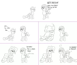 Size: 2564x2168 | Tagged: safe, artist:sintakhra, derpibooru import, ocellus, pinkie pie, sandbar, pony, tumblr:studentsix, ask, disguise, disguised changeling, exclamation point, interrobang, monochrome, pinkie being pinkie, question mark, rock, shapeshifting, tumblr, wat