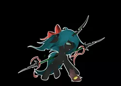 Size: 3541x2508 | Tagged: safe, artist:groomlake, derpibooru import, queen chrysalis, changeling, changeling queen, pony, black background, bow, colored, female, fight, game, mare, onimusha, ribbon, simple background, solo, weapon
