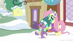 Size: 1280x720 | Tagged: safe, derpibooru import, screencap, fluttershy, spike, dragon, pegasus, pony, best gift ever, clothes, female, hat, male, mare, tail, winged spike, winter outfit