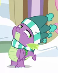 Size: 362x460 | Tagged: safe, derpibooru import, screencap, spike, dragon, best gift ever, clothes, cropped, hat, male, scarf, solo, winged spike, winter outfit