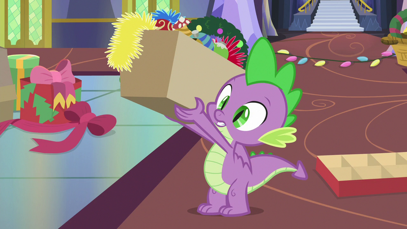 Size: 1280x720 | Tagged: safe, derpibooru import, screencap, spike, dragon, best gift ever, box, decoration, male, solo, tail, winged spike