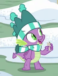 Size: 376x490 | Tagged: safe, derpibooru import, screencap, spike, dragon, best gift ever, clothes, cropped, hat, male, smiling, solo, winged spike, winter outfit