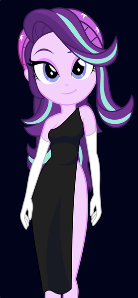 Size: 886x1920 | Tagged: safe, artist:cinderfall, derpibooru import, edit, starlight glimmer, equestria girls, mirror magic, spoiler:eqg specials, beanie, black background, black dress, clothes, dress, fancy, gloves, hat, long gloves, long hair, looking at you, side slit, simple background, solo, vector