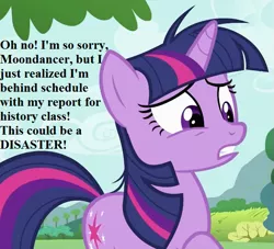 Size: 615x559 | Tagged: cropped, derpibooru import, edit, edited screencap, freaking out, implied moondancer, lesson zero, messy mane, safe, screencap, solo, tree, twilight sparkle