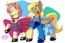 Size: 1200x800 | Tagged: safe, artist:goat train, deleted from derpibooru, derpibooru import, oc, oc:dust bunny, oc:ribbon step, pegasus, pony, unicorn, clothes, crossdressing, dress, male, skirt, stallion, trap