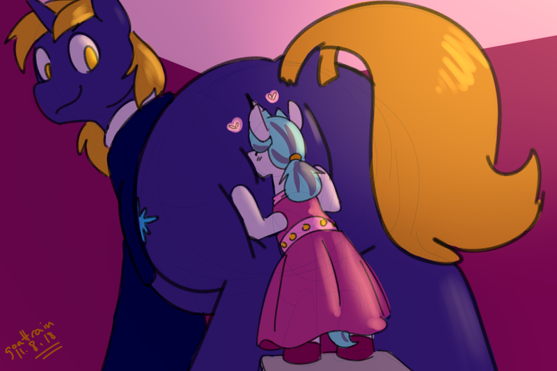 Size: 1200x800 | Tagged: safe, artist:goat train, deleted from derpibooru, derpibooru import, oc, oc:snap feather, oc:star bright, unofficial characters only, pony, unicorn, amazonian, belly, bhm, big belly, big gay, butt, butt kiss, butt touch, chubby, clothes, crossdressing, dock, dress, fat, fat ass, gay, hoof on butt, huge butt, kissing, large butt, macro, male, maledom, malesub, plot, size difference, stallion, submissive, suit, wizard