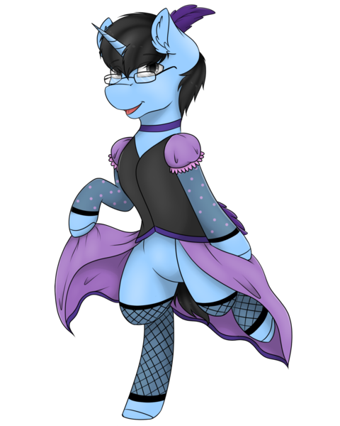 Size: 2000x2500 | Tagged: artist:acidthead, bottomless, clothes, crossdressing, cute, derpibooru import, dress, feather, fishnets, glasses, male, oc, oc:tinker doo, partial nudity, safe, saloon dress, socks, solo, stockings, thigh highs