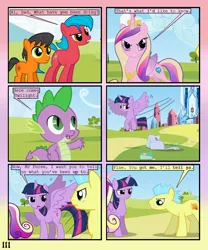 Size: 900x1080 | Tagged: safe, artist:lister-of-smeg, derpibooru import, princess cadance, twilight sparkle, twilight sparkle (alicorn), oc, oc:crosspatch, oc:lazybug, oc:pulp puree, alicorn, earth pony, pony, comic:crystal heart attack, colt, comic, female, male, mare, stallion