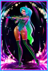 Size: 2721x3974 | Tagged: artist:minamikoboyasy, clothes, derpibooru import, female, high heels, human, humanized, jewelry, leotard, necklace, pearl necklace, queen chrysalis, safe, shoes, solo