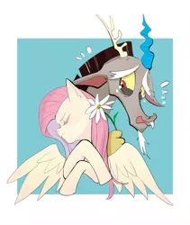 Size: 1024x1211 | Tagged: safe, artist:sadistjolt, derpibooru import, discord, fluttershy, draconequus, pegasus, pony, bust, crossed hooves, duo, eyes closed, female, flower, head turn, male, mare, rejection, shipping denied, simple background, spread wings, teary eyes, wings