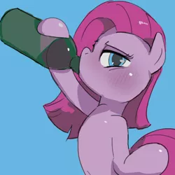 Size: 1100x1100 | Tagged: safe, artist:baigak, derpibooru import, pinkie pie, earth pony, pony, alcohol, blue background, blushing, bottle, butt, drinking, drunk, drunkie pie, female, looking at you, mare, pinkamena diane pie, plot, simple background, solo