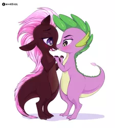 Size: 2700x3000 | Tagged: safe, artist:f0rever13, derpibooru import, spike, oc, oc:denny, dragon, blushing, canon x oc, couple, digital art, full body, gay, looking at each other, male, rcf community, romantic, shipping, simple background, white background