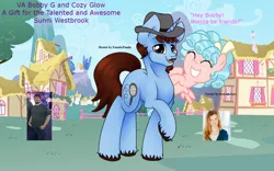 Size: 1280x800 | Tagged: safe, artist:nukarulesthehouse1, derpibooru import, cozy glow, oc, human, pony, bow, brown eyes, brown mane, cozybetes, cute, facial hair, fedora, goatee, hair bow, hat, irl, irl human, microphone, photo, ponysona, smiling, sunni westbrook, vector