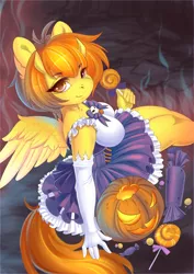 Size: 1500x2121 | Tagged: anthro, anthro oc, artist:sherr, candy, clothes, commission, costume, derpibooru import, digital art, dress, eye clipping through hair, female, food, gloves, halloween, halloween costume, holiday, looking at you, mare, oc, oc:firetale, orange hair, orange mane, orange tail, pegasus, pumpkin, safe, smiling, solo, unofficial characters only, ych result