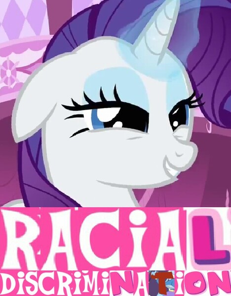 Size: 606x777 | Tagged: safe, derpibooru import, edit, edited screencap, screencap, rarity, unicorn, ponyville confidential, caption, cropped, dank memes, discrimination, expand dong, exploitable meme, female, floppy ears, glowing horn, horn, image macro, lidded eyes, mare, meme, racism, shitposting, solo, text