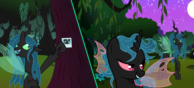 Size: 4708x2136 | Tagged: artist:velveagicsentryyt, changeling, clone, derpibooru import, night, oc, oc:chrystallis, queen chrysalis, safe, tree