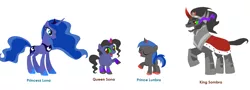 Size: 1956x704 | Tagged: safe, artist:tuxedorabbit05, derpibooru import, king sombra, princess luna, oc, oc:lunbra, oc:sona, alicorn, pony, unicorn, alicorn oc, base used, blank flank, colored sclera, colt, family, female, filly, horn, lumbra, male, no pupils, offspring, parent:king sombra, parent:princess luna, parents:lumbra, shipping, simple background, straight, white background, wings