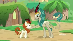 Size: 1920x1080 | Tagged: autumn blaze, derpibooru import, duo, female, height difference, kirin, rain shine, safe, screencap, smiling, sounds of silence