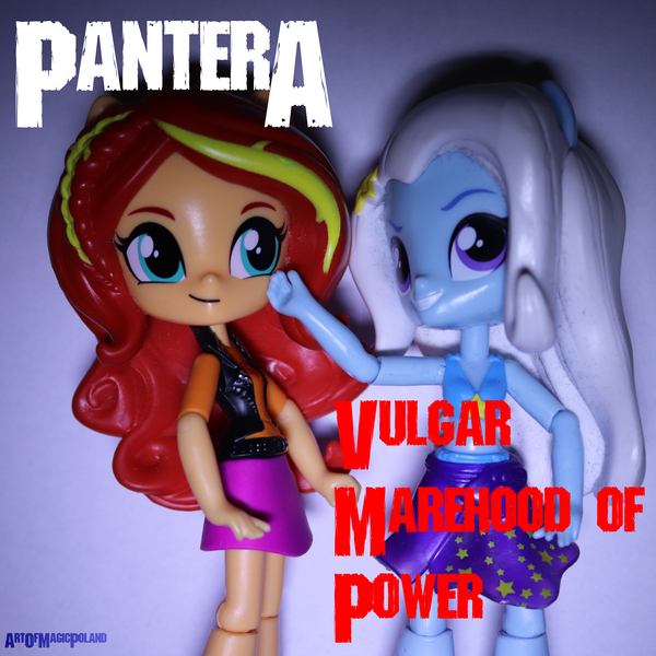 Size: 3993x3991 | Tagged: safe, artist:artofmagicpoland, derpibooru import, sunset shimmer, trixie, equestria girls, equestria girls series, album cover, doll, equestria girls minis, pantera, toy, vulgar display of power