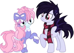 Size: 1024x745 | Tagged: safe, artist:bezziie, derpibooru import, oc, oc:cloudious storm, oc:strawberry pie, unofficial characters only, bat pony, pegasus, pony, clothes, female, glasses, male, mare, scarf, simple background, stallion, sweater, transparent background