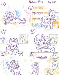 Size: 1280x1611 | Tagged: safe, artist:adorkabletwilightandfriends, derpibooru import, starlight glimmer, pony, unicorn, comic:adorkable twilight and friends, adorkable, adorkable friends, autumn, autumn leaves, bed, butt, comic, cute, dork, glue, happy, hardware store, kite, leaf, leaves, limited palette, lineart, lounging, lying down, magic, pillow, plot, reading, sad, side, slice of life, snacks, solo, telekinesis, that pony sure does love kites, wind