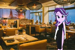 Size: 2400x1597 | Tagged: safe, artist:cinderfall, derpibooru import, edit, starlight glimmer, equestria girls, black dress, clothes, dress, fancy, looking at you, realistic, restaurant, solo