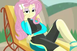 Size: 2048x1365 | Tagged: safe, artist:grapefruitface1, derpibooru import, fluttershy, equestria girls, equestria girls series, forgotten friendship, beach, bored, clothes, deck chair, looking at you, sitting, solo, swimsuit, tree, vulgar description, wetsuit