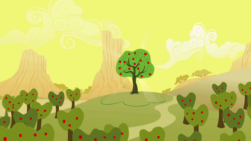 Size: 1440x809 | Tagged: safe, derpibooru import, screencap, bloomberg, over a barrel, season 1, apple, apple orchard, apple tree, no pony, orchard, tree