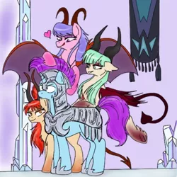 Size: 1198x1200 | Tagged: safe, artist:zigragirl, derpibooru import, oc, oc:candice, oc:iris, oc:scarlet, oc:sunspark, unofficial characters only, crystal pony, demon, pony, succubus, succubus pony, unicorn, armor, crystal empire, eyes on the prize, female, heart, heart tail, imminent sex, licking, licking lips, lucky bastard, male, mare, monster mare, royal guard, smiling, stallion, succupony, sweat, this will end in snu snu, tongue out, traditional art, wings