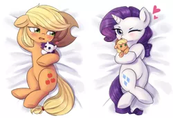 Size: 2000x1370 | Tagged: safe, artist:tcn1205, derpibooru import, applejack, rarity, earth pony, pony, unicorn, blushing, body pillow, body pillow design, crossed hooves, crossed legs, cute, eyelashes, eyeshadow, female, floppy ears, freckles, hair tie, high res, horn, jackabetes, lesbian, looking at you, lying down, makeup, mare, one eye closed, open mouth, plushie, raribetes, rarijack, shipping, shy, wink