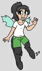 Size: 623x1053 | Tagged: artist:heretichesh, changeling, changeling oc, clothes, derpibooru import, female, oc, oc:mistake, offspring, parent:queen chrysalis, ponytail, safe, satyr, solo, unofficial characters only