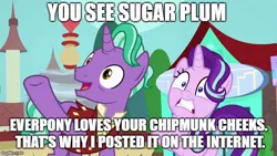 Size: 640x360 | Tagged: safe, derpibooru import, edit, edited screencap, screencap, firelight, starlight glimmer, pony, unicorn, the parent map, caption, chipmunk cheeks, dialogue, fathers gonna father, female, image macro, male, mare, meme, sire's hollow, stallion, text