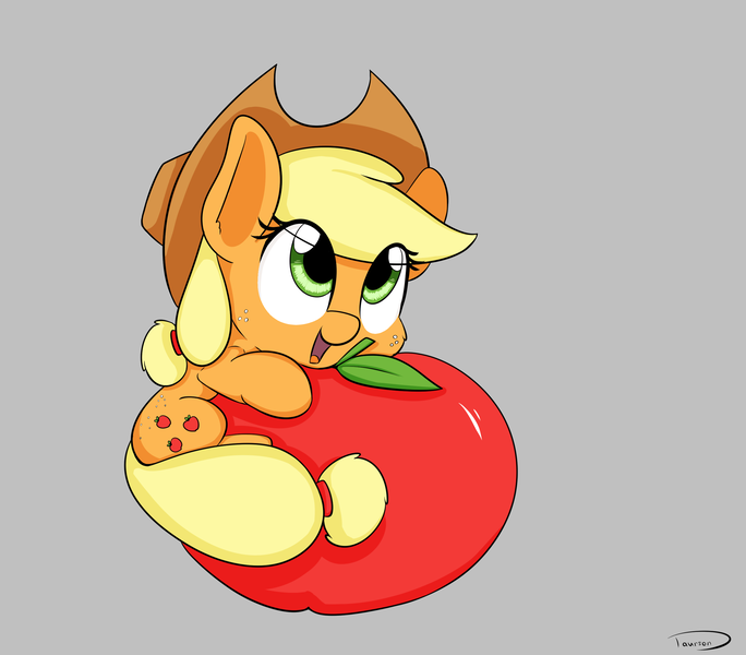 Size: 2691x2362 | Tagged: safe, artist:taurson, derpibooru import, applejack, earth pony, pony, apple, appul, chibi, cowboy hat, cute, female, food, freckles, gray background, happy, hat, hug, jackabetes, looking up, mare, micro, open mouth, ponytail, simple background, smiling, solo, stetson, that pony sure does love apples, tiny, tiny ponies