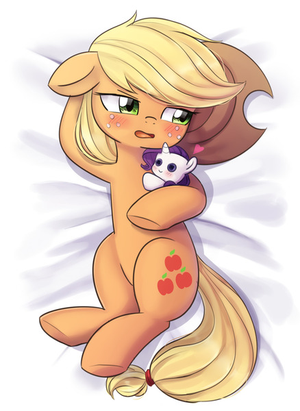 Size: 1000x1370 | Tagged: safe, artist:tcn1205, derpibooru import, applejack, earth pony, pony, blushing, body pillow, body pillow design, crush plush, cute, female, floating heart, heart, implied lesbian, implied rarijack, implied shipping, jackabetes, mare, plushie, solo