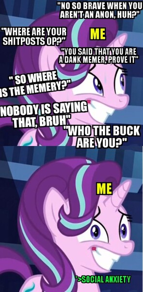 Size: 377x768 | Tagged: anxiety, awkward, awkward smile, cropped, dank memes, derpibooru import, edit, edited screencap, meme, meta, safe, screencap, shitposting, solo, starlight glimmer, the crystalling