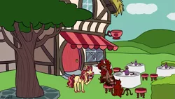 Size: 2439x1375 | Tagged: safe, artist:misskanabelle, derpibooru import, oc, oc:carolina chai, oc:chocolat cerise, unofficial characters only, earth pony, pony, blind eye, bow, cafe, chair, chest fluff, coat markings, colored hooves, cup, duo, feathered fetlocks, female, floral head wreath, flower, freckles, hair bow, mare, offspring, outdoors, parent:big macintosh, parent:cherry jubilee, parent:fluttershy, parent:troubleshoes clyde, parents:cherryshoes, parents:fluttermac, plate, sitting, socks (coat marking), table, table cloth, teacup, tree, unshorn fetlocks, vase