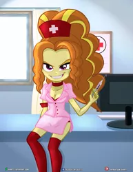 Size: 1159x1500 | Tagged: suggestive, artist:dieart77, derpibooru import, adagio dazzle, human, equestria girls, bra, breasts, cleavage, clothes, computer, evil grin, female, grin, helloooooo nurse, hospital, looking at you, nurse, nurse adagio, nurse outfit, sexy, small breasts, smiling, socks, solo, solo female, stockings, syringe, thigh highs, underwear