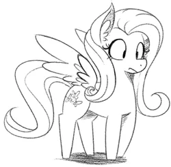 Size: 746x731 | Tagged: dead source, safe, artist:reiduran, derpibooru import, fluttershy, pegasus, pony, ear fluff, female, lineart, looking at something, mare, monochrome, simple background, sketch, solo, spread wings, standing, three quarter view, white background, wings