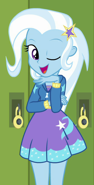 Size: 433x848 | Tagged: safe, derpibooru import, screencap, trixie, equestria girls, equestria girls series, forgotten friendship, barrette, canterlot high, clothes, cropped, cute, cutie mark, cutie mark on clothes, diatrixes, dress, female, hairclip, hairpin, hallway, hand, hoodie, lockers, looking at you, one eye closed, one eye open, pose, solo, standing, wink