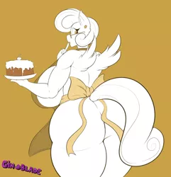 Size: 2500x2593 | Tagged: anthro, apron, artist:gin-blade, ass, big breasts, breasts, brown background, busty posey shy, butt, cake, clothes, derpibooru import, ear piercing, earring, female, food, glasses, huge breasts, huge butt, jewelry, large butt, looking at you, looking back, looking back at you, milf, monochrome, naked apron, piercing, posey shy, sideboob, simple background, solo, solo female, suggestive, the ass was fat, thighs, thunder thighs