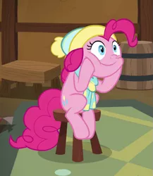 Size: 623x718 | Tagged: safe, derpibooru import, screencap, pinkie pie, earth pony, pony, best gift ever, clothes, cropped, cute, diapinkes, female, hat, mare, scarf, sitting, solo, squishy cheeks, winter outfit