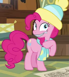 Size: 629x705 | Tagged: safe, derpibooru import, screencap, pinkie pie, earth pony, pony, best gift ever, clothes, creepy, cropped, female, hat, looking at you, mare, pinkie being pinkie, scarf, smiling, solo, toque, wat, wide eyes, zipper, zippermouth