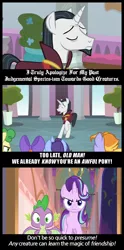 Size: 1000x2024 | Tagged: safe, derpibooru import, edit, edited screencap, screencap, chancellor neighsay, spike, starlight glimmer, pony, unicorn, a matter of principals, school raze, angry, background pony, banner, comic, eyes closed, forgiveness, friendship, frown, plant, potted plant, sad, school of friendship, screencap comic, shocked, smiling, smirk, student, text