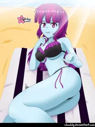 Size: 748x1000 | Tagged: suggestive, artist:clouddg, derpibooru import, mystery mint, equestria girls, ass, background human, beach, bikini, bikini babe, bra, breasts, butt, clothes, crepuscular rays, female, looking at you, panties, sand, sexy, signature, smiling, solo, solo female, stupid sexy mystery mint, swimsuit, thong, thong swimsuit, towel, underboob, underwear, water