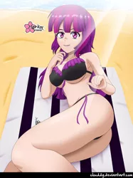 Size: 748x1000 | Tagged: suggestive, artist:clouddg, derpibooru import, mystery mint, human, equestria girls, ass, beach, beach babe, beach towel, bikini, bikini babe, bra, breasts, butt, clothes, crepuscular rays, female, humanized, looking at you, panties, sand, sexy, signature, smiling, solo, solo female, stupid sexy mystery mint, swimsuit, thong, thong swimsuit, towel, underboob, underwear, water